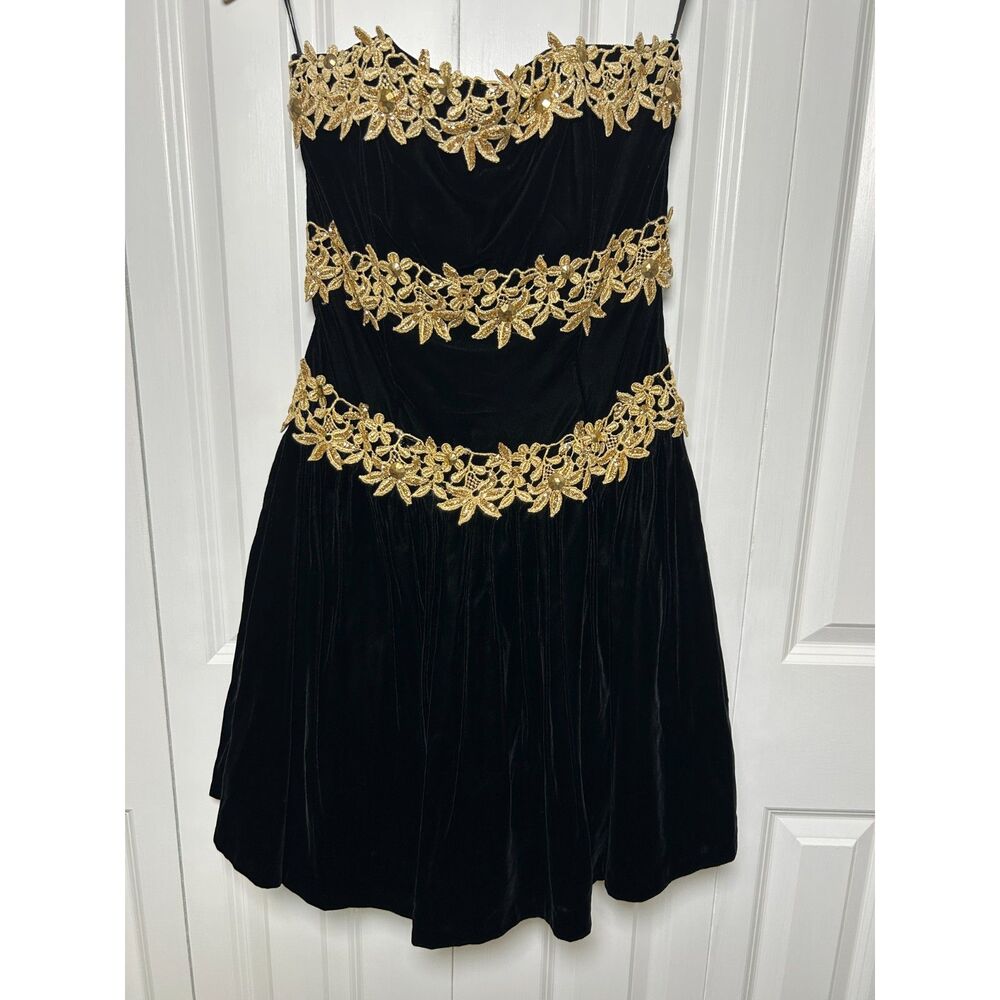 Vintage Jessica McClintock Black Velvet Strapless Dress Gold Lace 10 homecoming